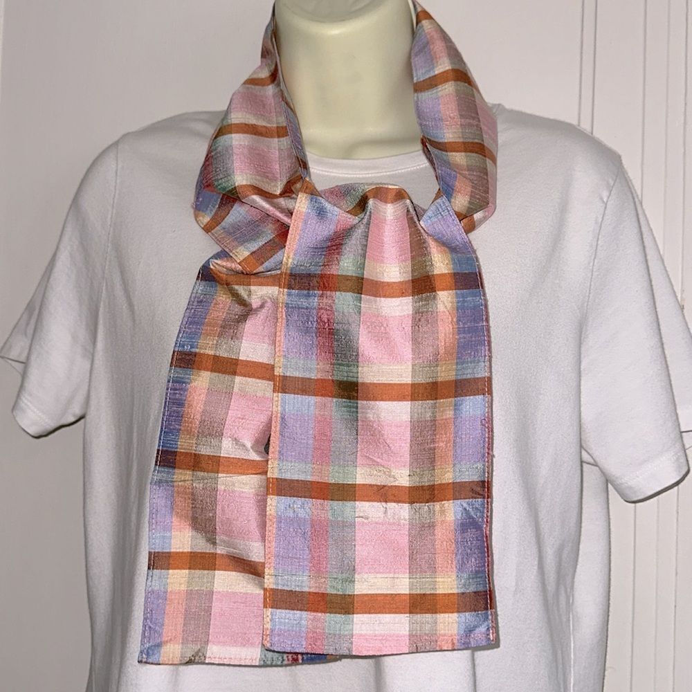 Vintage Gary Gail Accessories Dallas Multi Color Plaid Shantung Silk Long Scarf